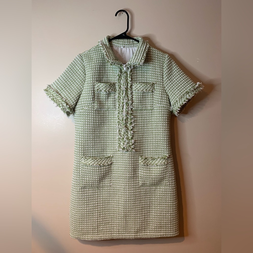 Light Green Tweed Short-Sleeve Shift Dress